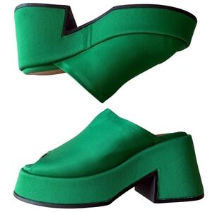 GANNI Green Satin Platform Mule Slide Sandal Block Heel Scandi Maximalist 40